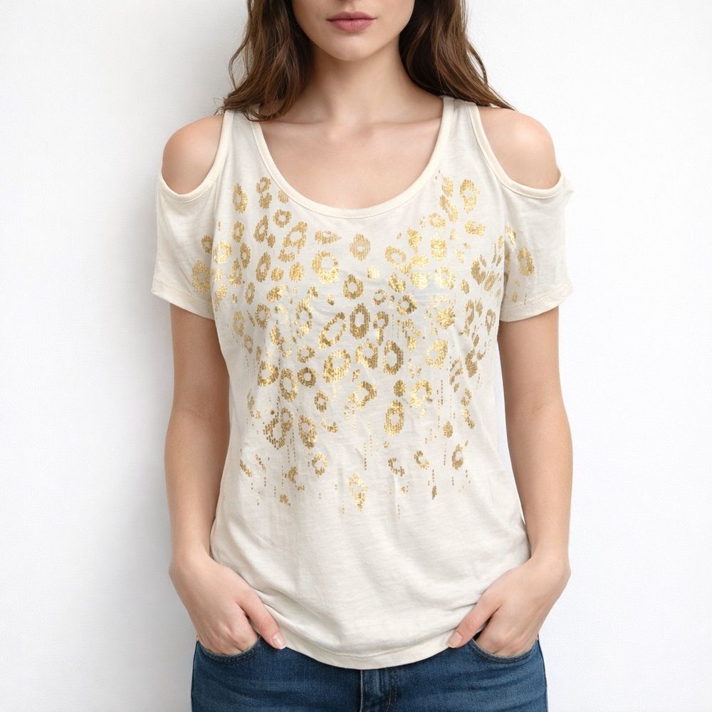 Fifth Sun Cream and Gold Leopard Print Cold Shoulder Tee